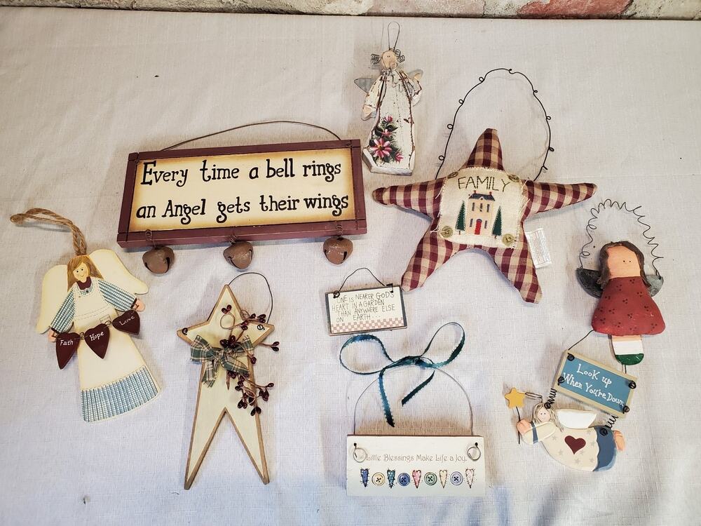 Primitive Country Folk Art Angel Star Ornaments Signs Wood Fabric Inspirational